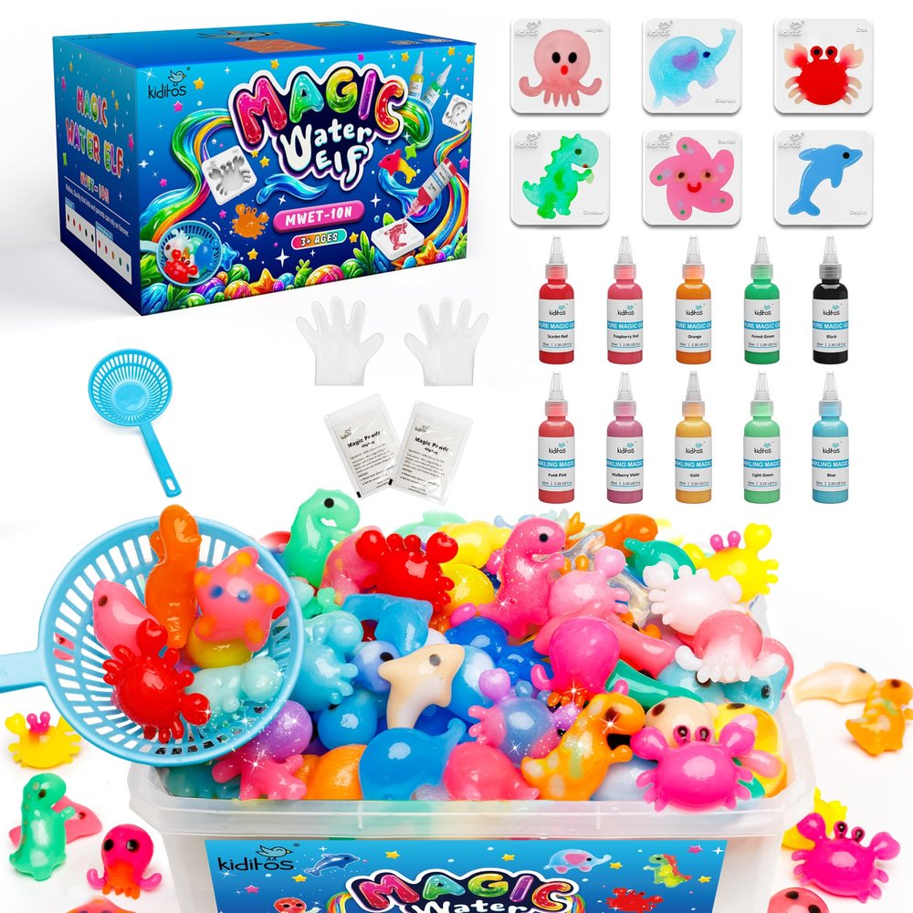Kiditos Magic Water Elf Toy KitSquishies for Kids, 10 Gels & 6 Molds, Magic Gel Water Pets Sensory Toy, Fun DIY Craft Kit, Party Favors, Birthday & Christmas Gifts for Kids Ages 3+