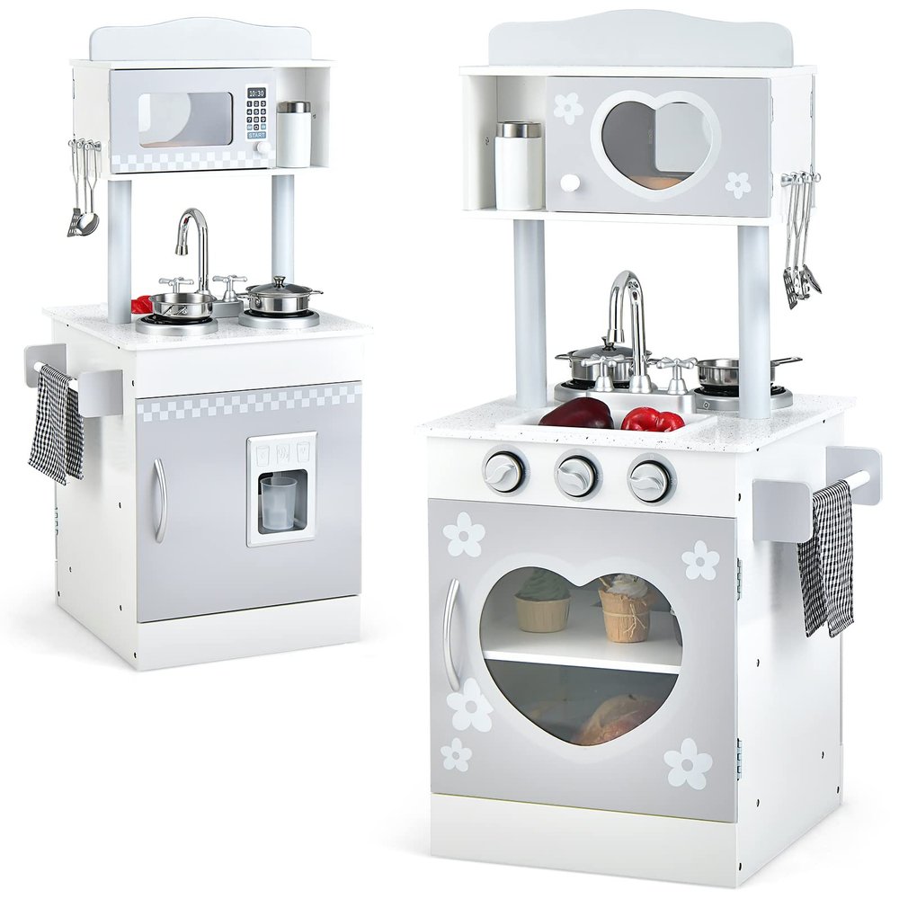 HONEY JOY Kids Kitchen Playset, Double Side Little Chef Play Kitchen for Toddlers, Oven & Sink, Ice Cube Dispenser, Utensils, Microwave, Storage Cabinet, Wooden Pretend Play Toy Kitchen Set, Gray