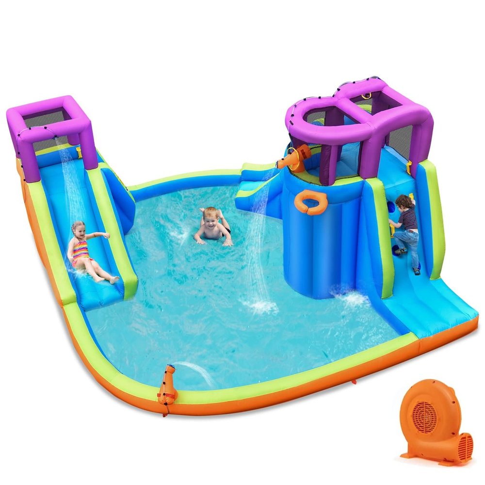 BOUNTECH Inflatable Water Slide Park, 15x14.5FT Mega Kids Waterslide Outdoor w/Dual Slides&Climbing for Racing Fun, Splash Pool, Blow up Water Slides Inflatables for Big Kids Backyard Party Gifts