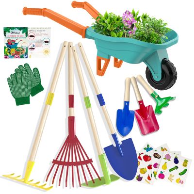Qtioucp Kids Gardening Tools Outdoor Toys Set Backyard Play with Wheelbarrow Educational STEM Learning Pretend Toys Outdoor Indoor for Toddlers Kids Boys Girls