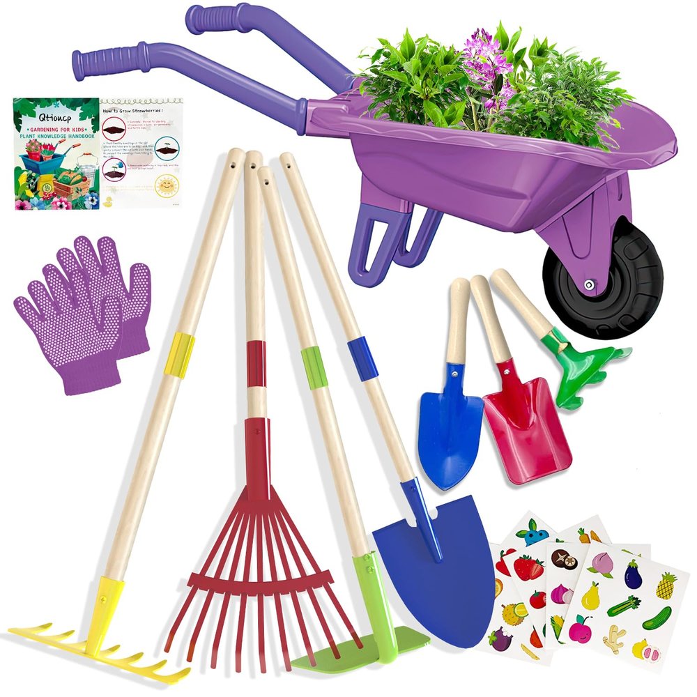 Qtioucp Kids Gardening Tools Outdoor Toys Set Backyard Play with Wheelbarrow Educational STEM Learning Pretend Toys Outdoor Indoor for Toddlers Kids Boys Girls