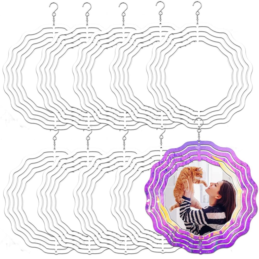 6 Pcs 8 Inch Sublimation Wind Spinner Blanks, 3D Aluminum Wind Powered Kinetic Sculpture, Spinner Suspension Trim for Yards & GardensRound