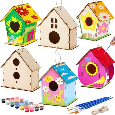 Coloch 6 Pack DIY Birdhouse Kits, Wooden Crafts Arts for Children to Build and Paint (Includes Paints, and Brushes), Painting Puzzle DIY Wooden Assembly for Boys, Girls, Kids, Adults