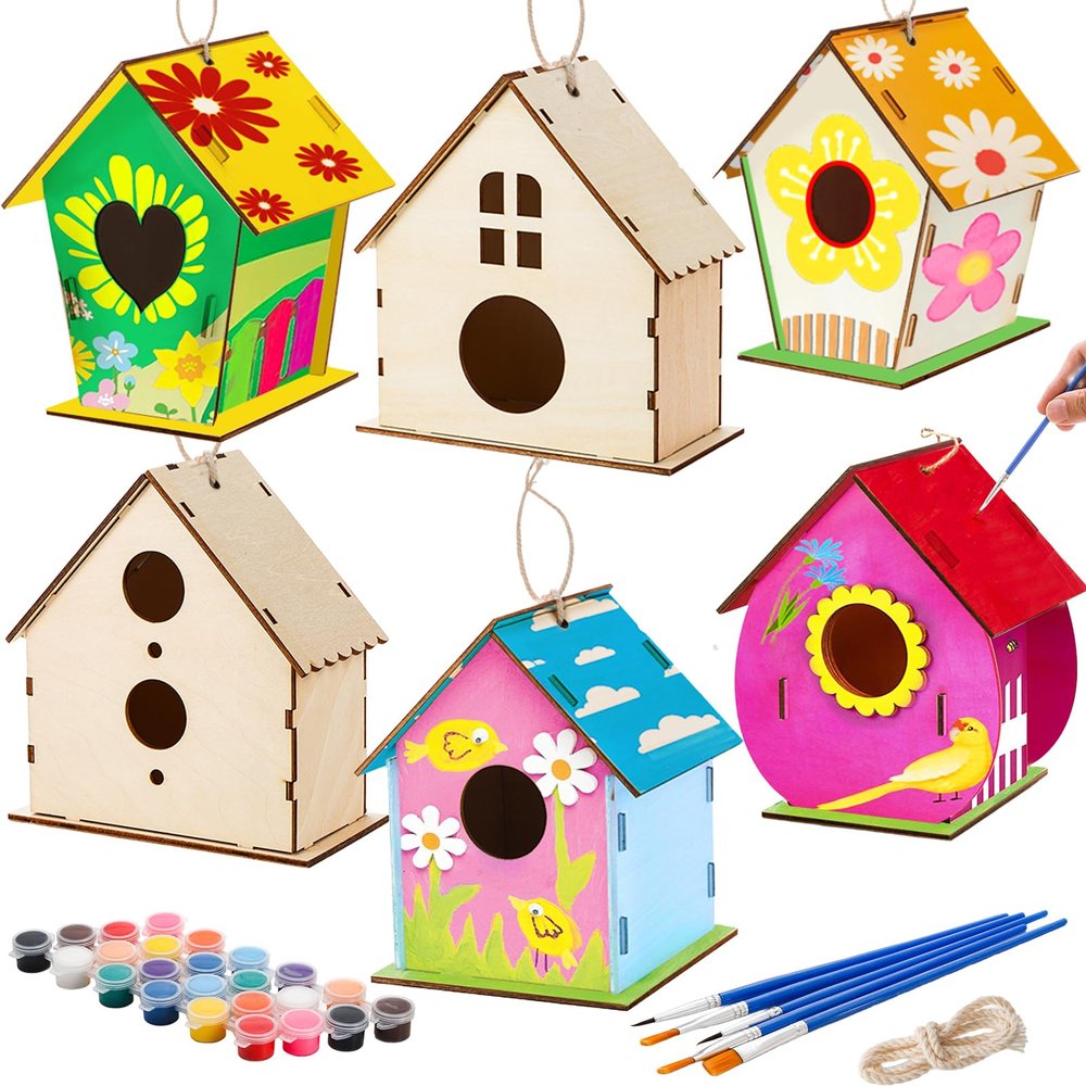Coloch 6 Pack DIY Birdhouse Kits, Wooden Crafts Arts for Children to Build and Paint (Includes Paints, and Brushes), Painting Puzzle DIY Wooden Assembly for Boys, Girls, Kids, Adults