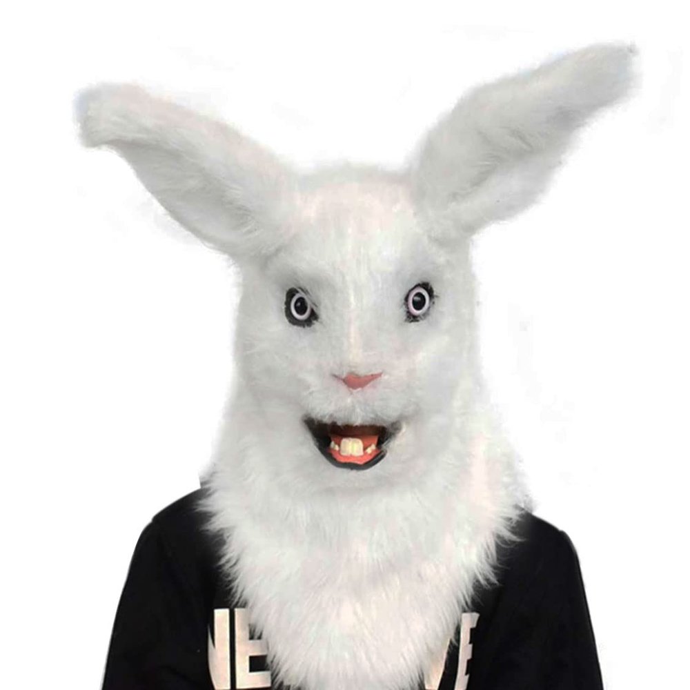 BEESUM 2023 Premium Rabbit Head Mask Moving Mouth Hare Cosplay Masks Hat for Halloween Christmas Party Costume (White)