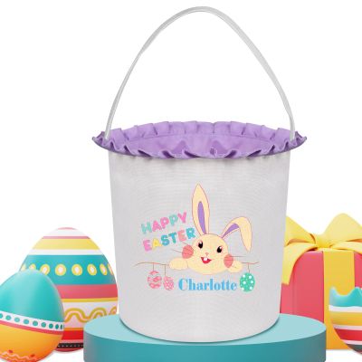 Touber Personalized Easter Basket, Bunny Easter Basket with Name Personalized Easter Gifts Easter Baskets for Kids Easter Egg Basket with Handle Easter Basket Bags - Purple