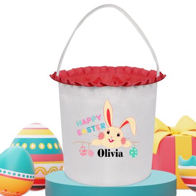 Touber Personalized Easter Basket, Bunny Easter Basket with Name Personalized Easter Gifts Easter Baskets for Kids Easter Egg Basket with Handle Easter Basket Bags - Red