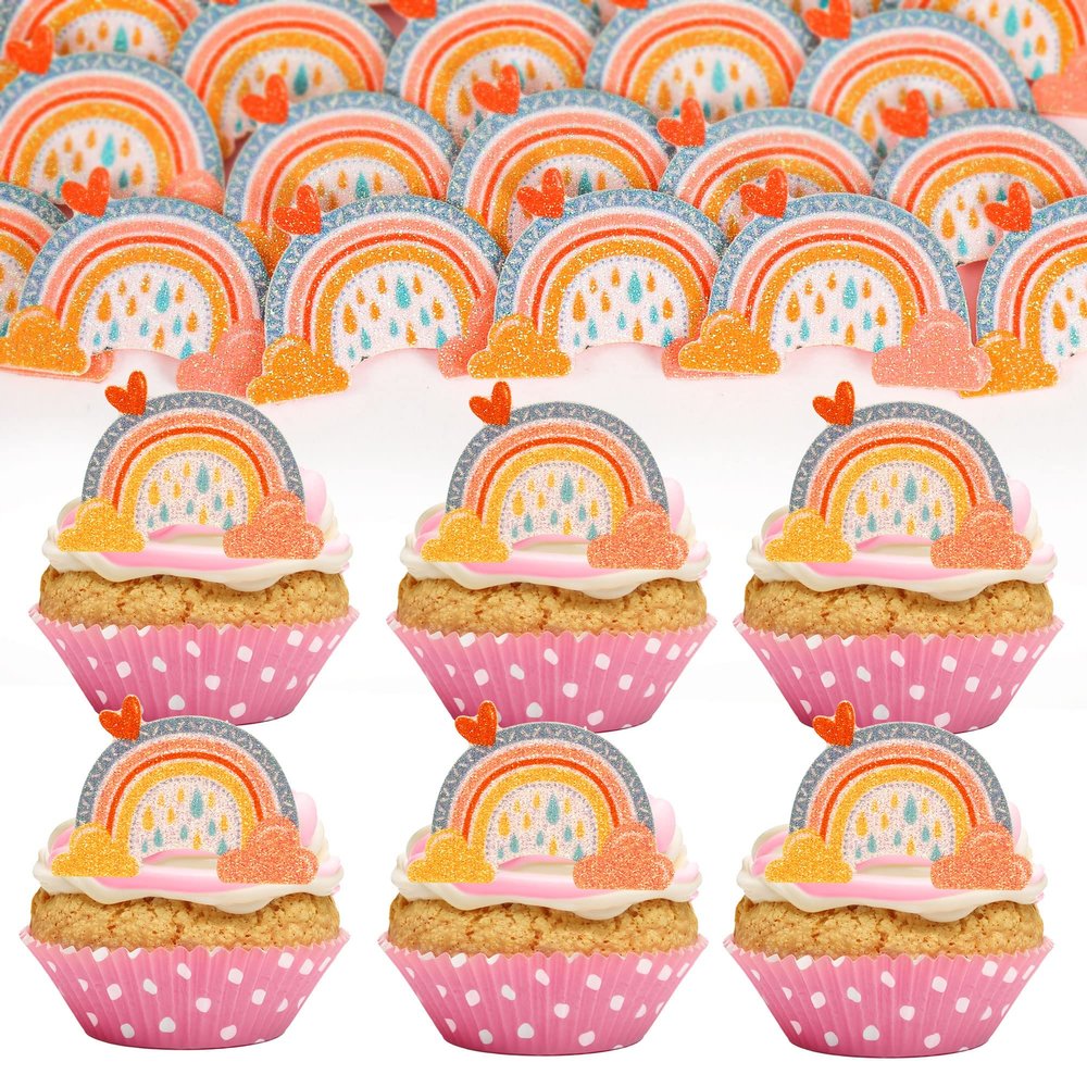 Gyufise 24Pcs Rainbow Cupcake Toppers with Glitter Heart Cloud Rainbow Cupcake Picks Baby Shower Cake Decorations for Raibow Theme Kids Birthday Party Supplies