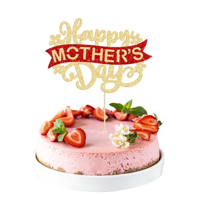 Gyufise 1Pc Happy Mother's Day Cake Topper Gold Glitter Flower Love Heart Super Mom Mother's Day Cupcake Picks Best Mom Cake Decorations for Happy Mother's Day Theme Women Birthday Party Supplies