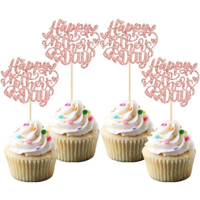 Gyufise 24Pcs Happy Mothers Day Cupcake Toppers Rose Gold Glitter Best Mom Cupcake Picks Mom's Theme Happy Mother's Day Women Birthday Party Cake Decorations Supplies