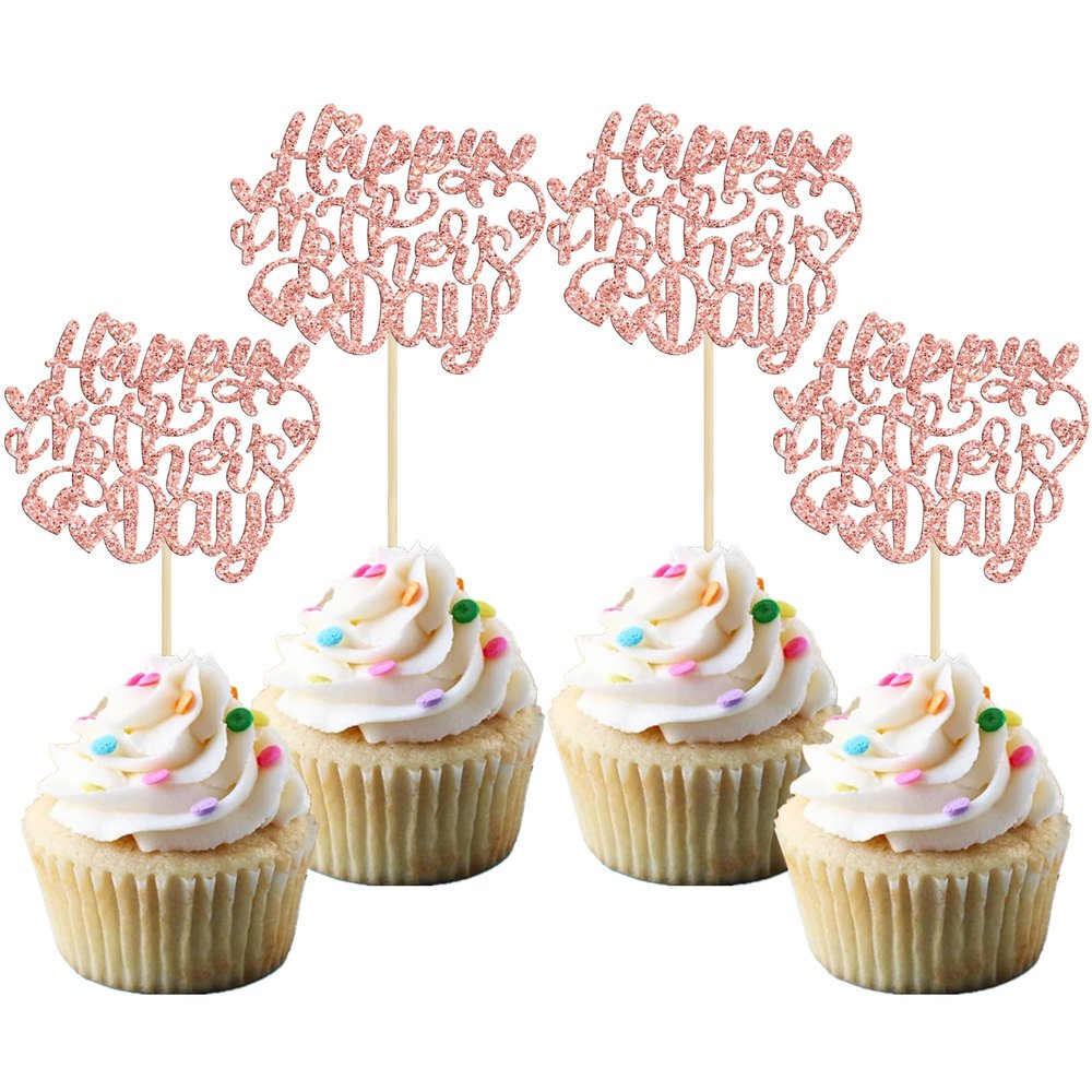 Gyufise 24Pcs Happy Mothers Day Cupcake Toppers Rose Gold Glitter Best Mom Cupcake Picks Mom's Theme Happy Mother's Day Women Birthday Party Cake Decorations Supplies