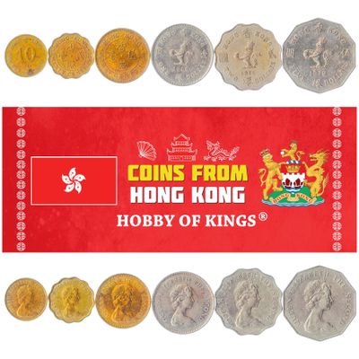6 Coins from Hong Kong | Hong Kongers Coin Set Collection 10 20 50 Cents 1 Dollar 2 5 Dollars | Circulated 1975-1984 | Queen Elizabeth Ii | Standing Crowned Lion | Upright Crowned Lion