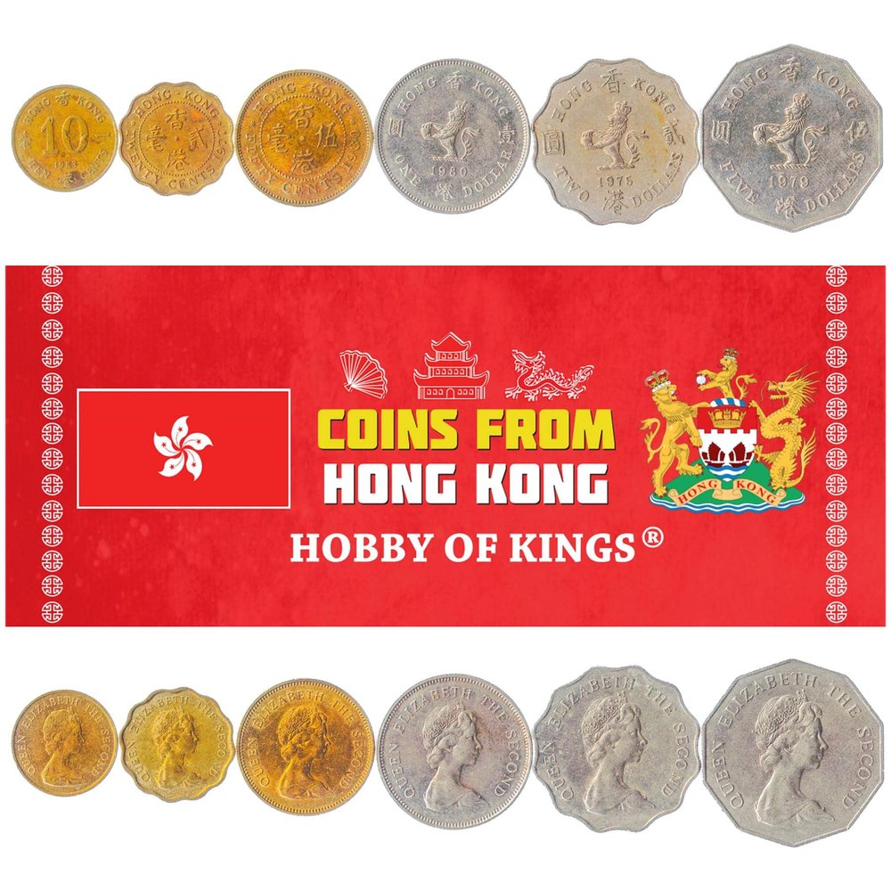 6 Coins from Hong Kong | Hong Kongers Coin Set Collection 10 20 50 Cents 1 Dollar 2 5 Dollars | Circulated 1975-1984 | Queen Elizabeth Ii | Standing Crowned Lion | Upright Crowned Lion