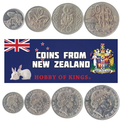 4 Coins from New Zealand | Coin Set Collection 5 10 20 50 Cents | 1999-2006 | Elizabeth II | Tuatara | Endeavour | Carved Patu | Maori Carving | Maori Koruru | Taiaha