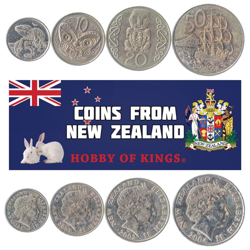 4 Coins from New Zealand | Coin Set Collection 5 10 20 50 Cents | 1999-2006 | Elizabeth II | Tuatara | Endeavour | Carved Patu | Maori Carving | Maori Koruru | Taiaha