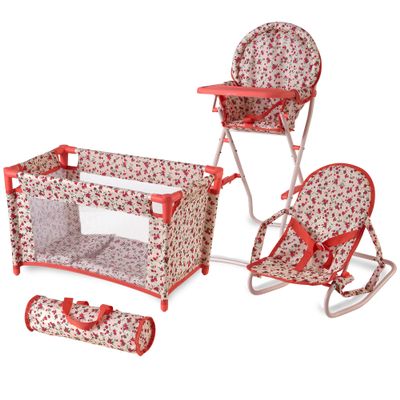 Floral Baby Doll Accessories Set, 3-1 Baby Doll Crib, Baby Doll High Chair & Bouncer Seat. 18 inch Doll Accessories with Doll Bed. 18" Dolls Furniture Play Stuff. Toys for Girls Ages 3-5,4-6,5-7,8-10