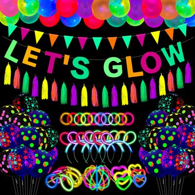 209 Pack Glow Party Supplies Pack - Themed Hanging Decorations, Birthday Party Decoration Tablecloth, Balloons, Sticks, Tassels, Glasses, Headband for Neon Party