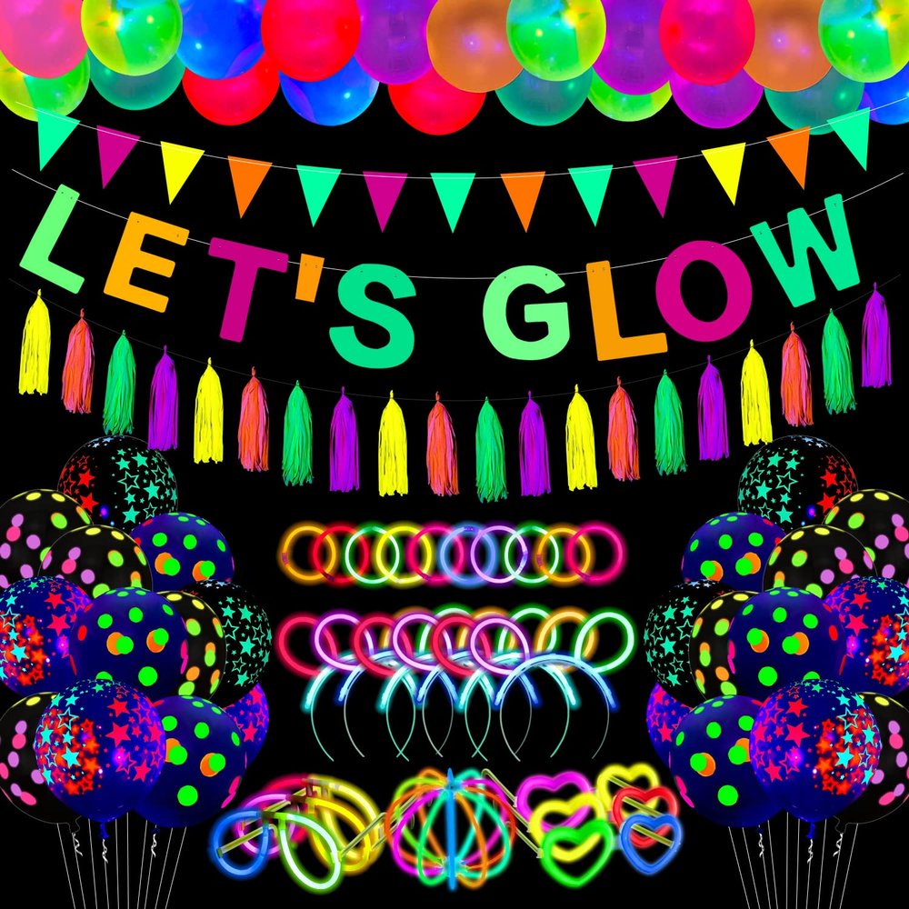 209 Pack Glow Party Supplies Pack - Themed Hanging Decorations, Birthday Party Decoration Tablecloth, Balloons, Sticks, Tassels, Glasses, Headband for Neon Party