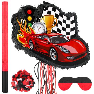 Seematn Race Car Piata Bundle with a Blindfold, Bat and Confetti Birthday Party Supplies Small Racing Piata for Construction Party Decor