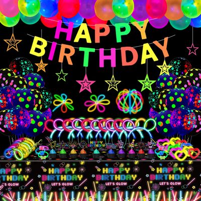 259 Pack Glow Party Supplies Glow Sticks Party Pack Glow Themed Party Hanging Decorations Birthday Party Decoration Tablecloth, Balloons, Sticks, Glasses and Headband for Kids Neon Party Decorations