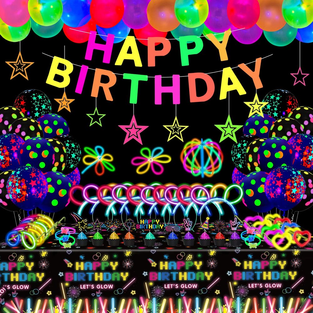 259 Pack Glow Party Supplies Glow Sticks Party Pack Glow Themed Party Hanging Decorations Birthday Party Decoration Tablecloth, Balloons, Sticks, Glasses and Headband for Kids Neon Party Decorations