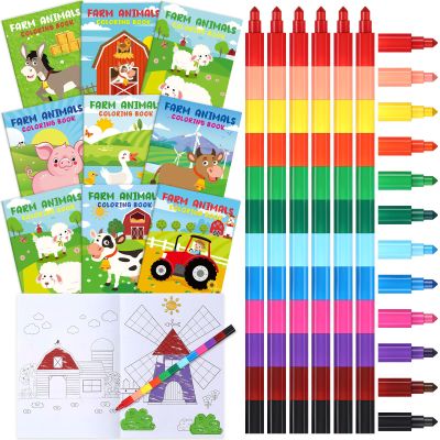 Funrous 24 Pcs Farm Animal Coloring Books with 24 Stacking Crayons Party Favors Holiday Activity Coloring Books Rainbow Crayons Goodie Bag Stuffer Party Supplies for School Classroom