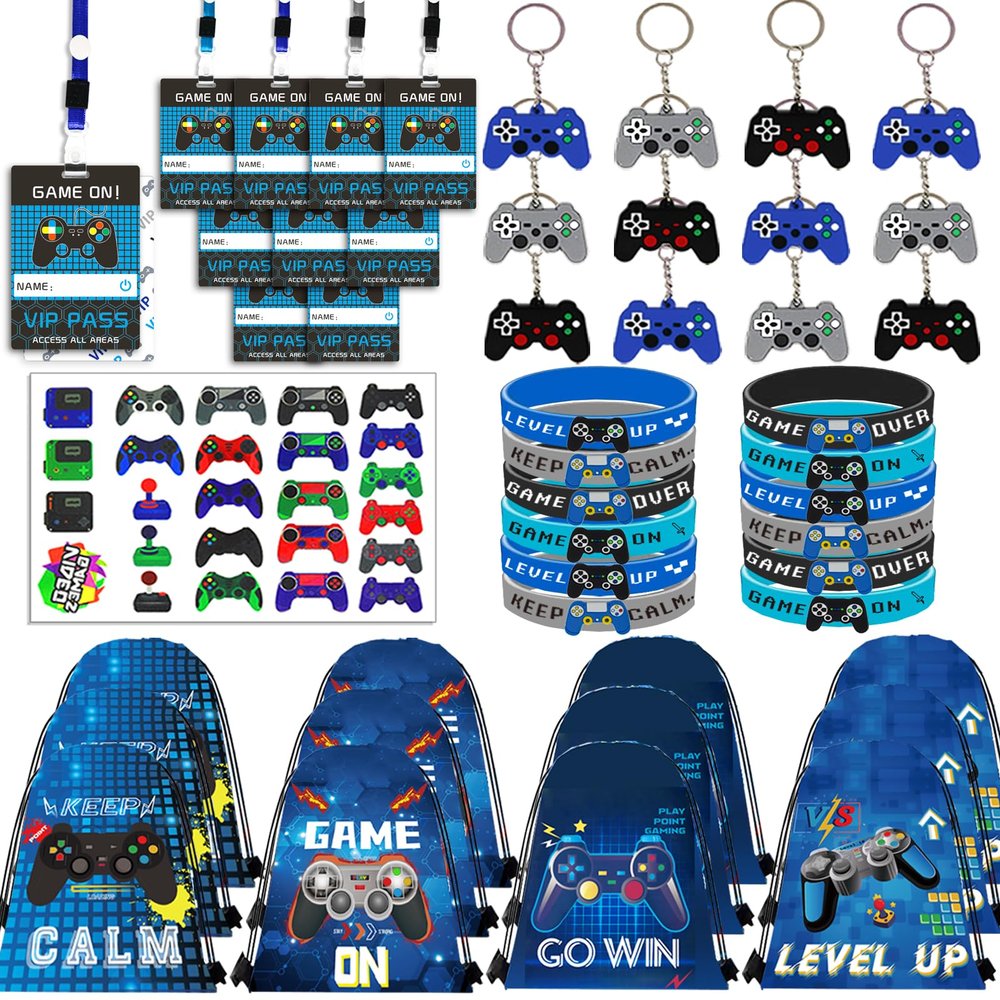 122Pcs Video Game Party Favors, Gamer Party Favors for Boys Includes 13 x 11 Inch Video Game Party Drawstring Bags Bracelets VIP Passes with Lanyards Keychains Tattoo Stickers for Gaming Party Favor