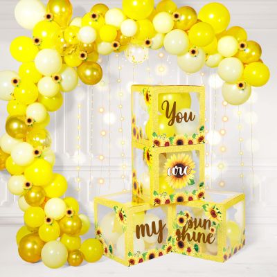 Honoson 54 Pieces Sunflower Baby Shower Party Decorations Sunflower Balloon Boxes with LED Light Strings You Are My Sunshine Birthday Decorations Backdrop for Sun flower Themed Wedding Supply Decor
