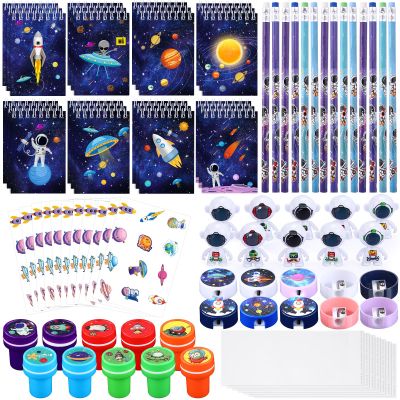 Faccito 86 Sets Space Party Favors Astronaut Party Favors Space Stationery Set Classroom Reward Gifts Prizes Notepads Pencils Stampers Sharpener Stickers Astronaut Model Birthday Decoration