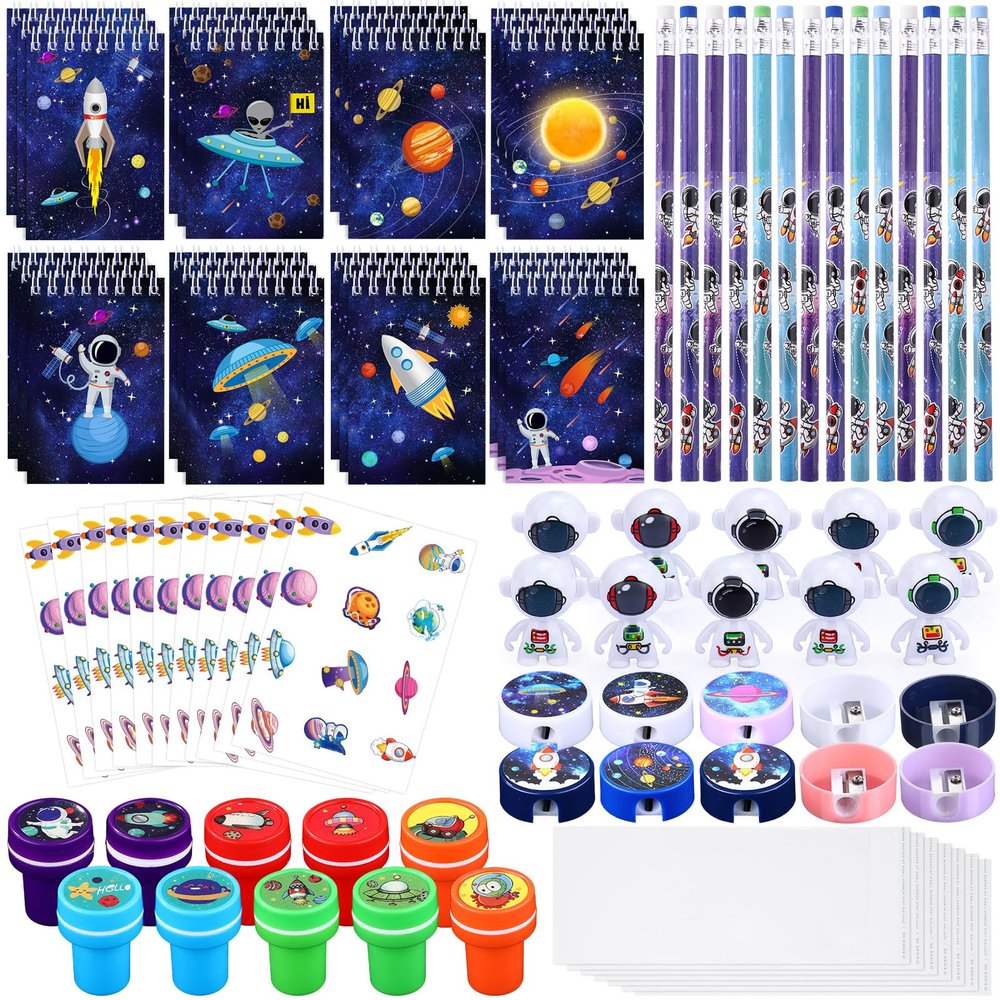 Faccito 86 Sets Space Party Favors Astronaut Party Favors Space Stationery Set Classroom Reward Gifts Prizes Notepads Pencils Stampers Sharpener Stickers Astronaut Model Birthday Decoration