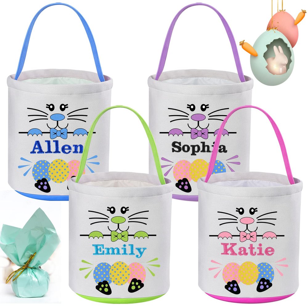 Touber 4 Pack Personalized Easter Baskets for Kids, Easter Bunny Basket Gifts Easter Eggs Hunt Baskets for Kids Personalized Easter Gifts for Girls Boys Custom Easter Basket with Name