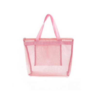 ACBSUSU Foldable Zipper Pool Tote Bag, Mesh Beach Toys Bag with Inner Pocket (Pink)