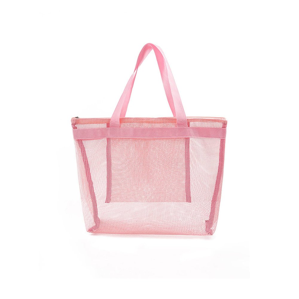 ACBSUSU Foldable Zipper Pool Tote Bag, Mesh Beach Toys Bag with Inner Pocket (Pink)