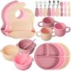 24 Pack Silicone Baby Feeding Set Baby LED Weaning Supplies Includes Suction Divided Plates Soft Bowl Spoons Forks Adjustable Bib Snack Cup and Straws(Pink, Dark Pink, Nude) view 1