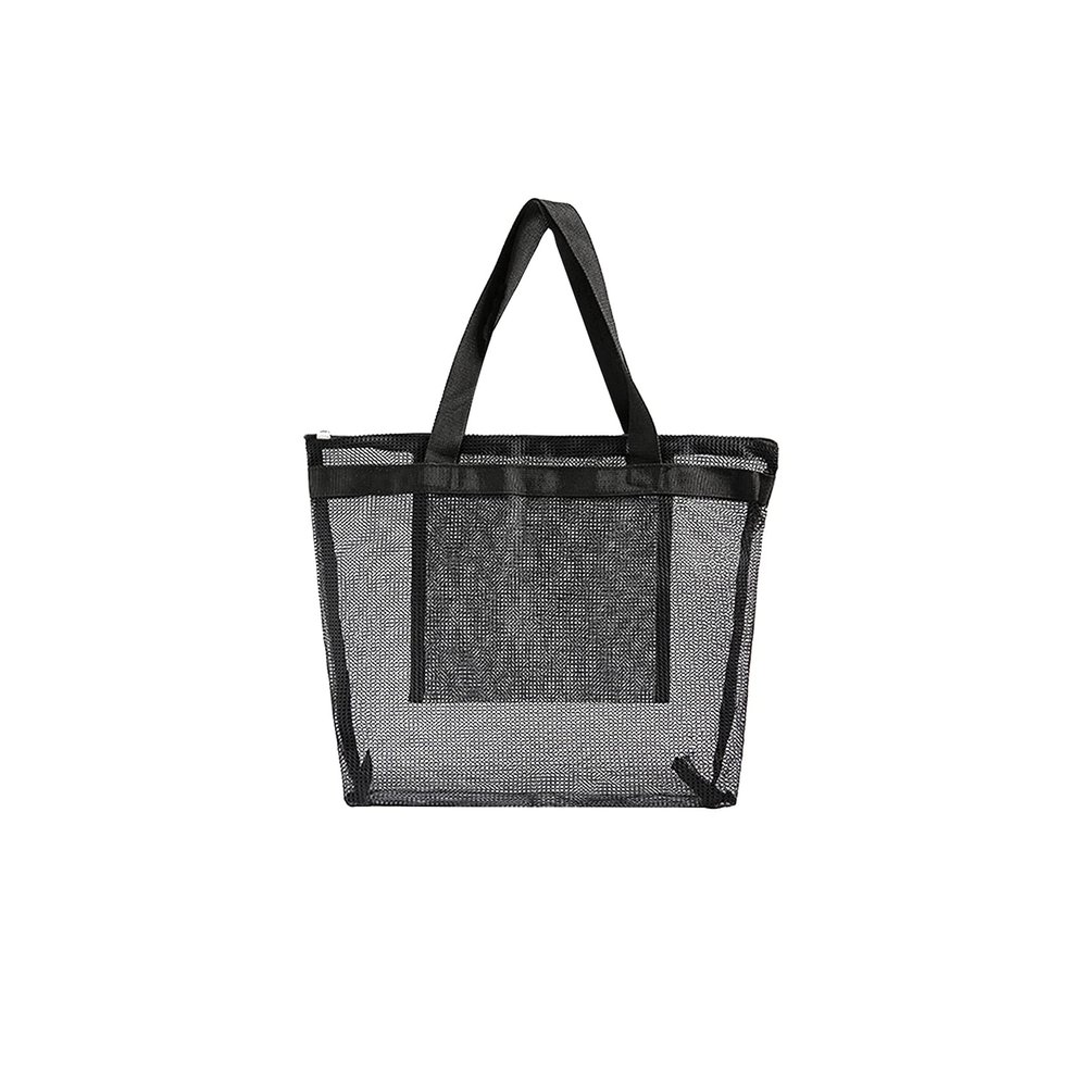 ACBSUSU Foldable Zipper Pool Tote Bag, Mesh Beach Toys Bag with Inner Pocket (Black)