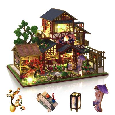 GuDoQi DIY Miniature Dollhouse Kit, 1:24 Scale Tiny House with Music Plant, Model Craft Kit for Adults, Great Handmade Gift for Birthday Christmas Day, Japanese Villa Courtyard