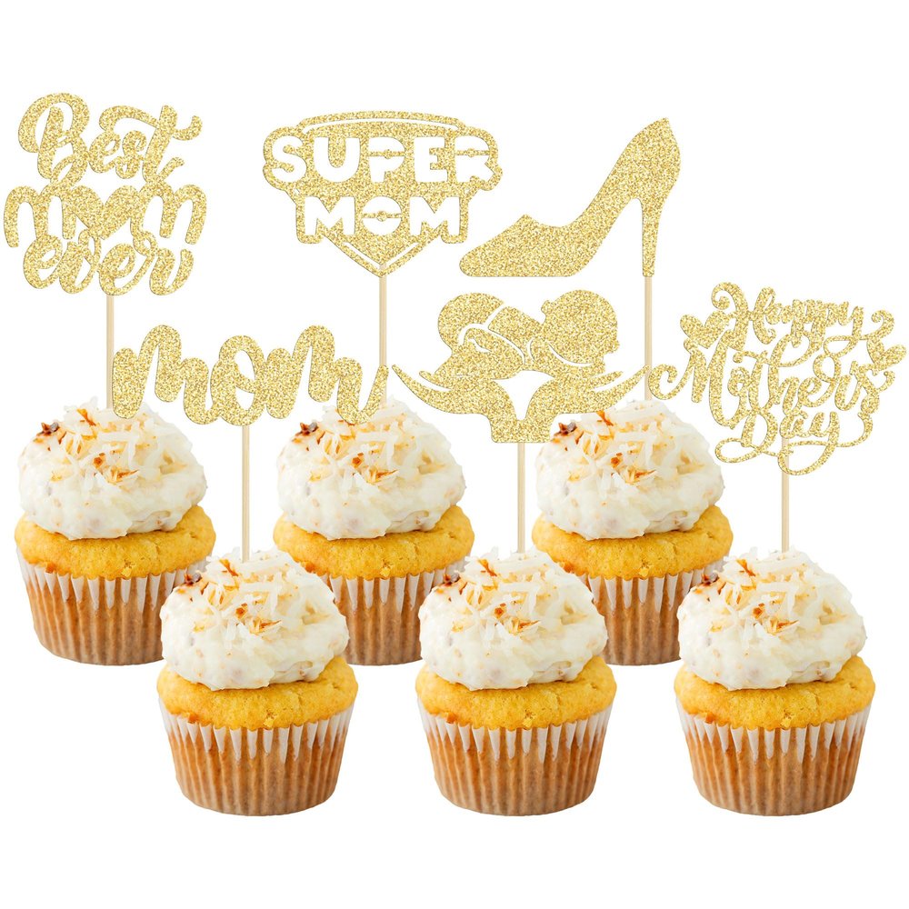 24Pcs Happy Mother's Day Cupcake Toppers Glitter Best Mom Ever Cupcake Picks Super Mom Cake Decorations for Happy Mother's Day Birthday Party Cake Decorations Supplies Gold