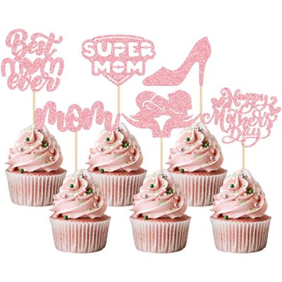 24Pcs Happy Mother's Day Cupcake Toppers Glitter Best Mom Ever Cupcake Picks Super Mom Cake Decorations for Happy Mother's Day Birthday Party Cake Decorations Supplies Pink