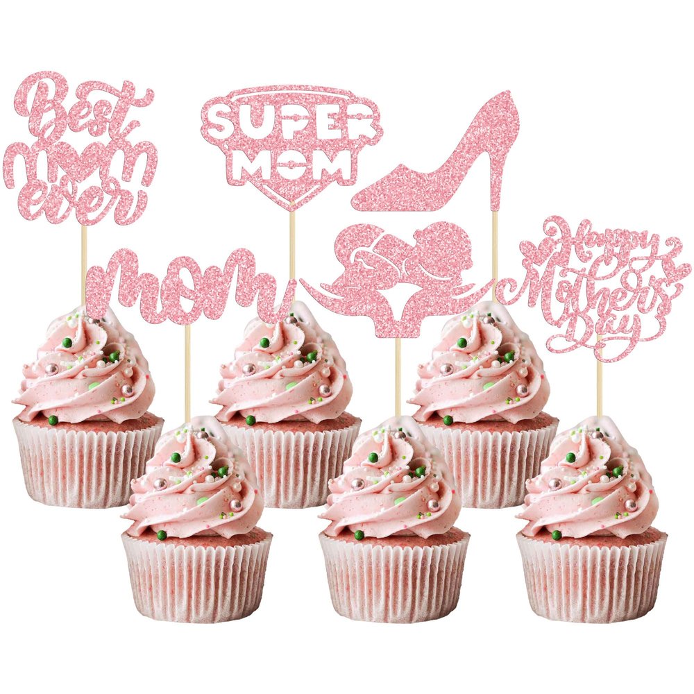 24Pcs Happy Mother's Day Cupcake Toppers Glitter Best Mom Ever Cupcake Picks Super Mom Cake Decorations for Happy Mother's Day Birthday Party Cake Decorations Supplies Pink