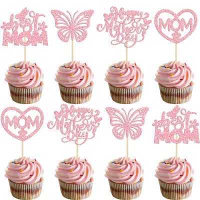 24Pcs Mother's Day Cupcake Toppers Pink Glitter Best Mom Butterfly Cupcake Picks Heart Mom Cake Decorations for Happy Mother's Day Birthday Party Cake Decorations Supplies