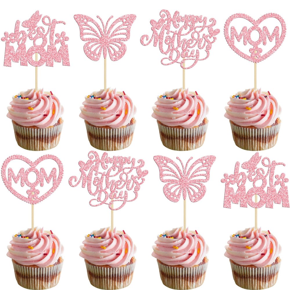 24Pcs Mother's Day Cupcake Toppers Pink Glitter Best Mom Butterfly Cupcake Picks Heart Mom Cake Decorations for Happy Mother's Day Birthday Party Cake Decorations Supplies
