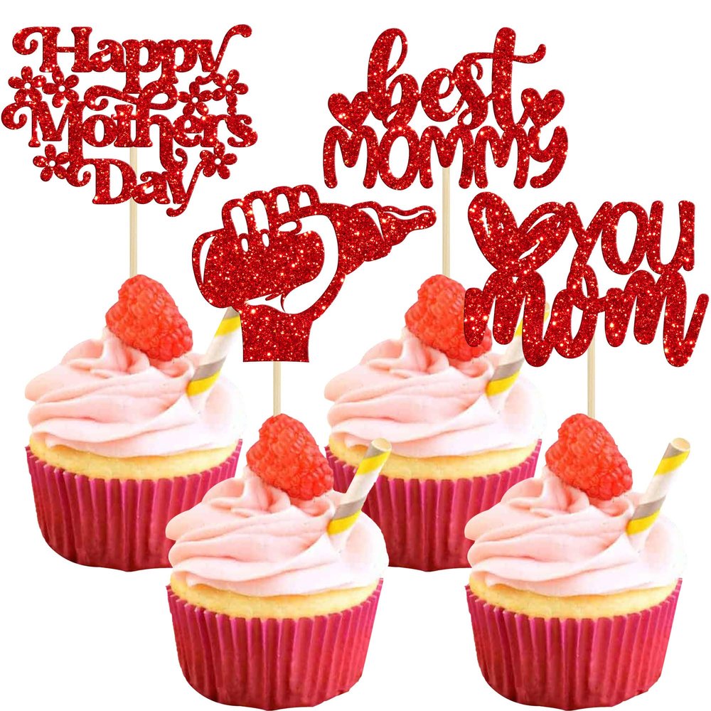 24Pcs Happy Mother's Day Cupcake Toppers Glitter Best Mom Cupcake Picks Love You Mom Cake Decorations for Happy Mother's Day Birthday Party Cake Decorations Supplies Red