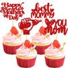 24Pcs Happy Mother's Day Cupcake Toppers Glitter Best Mom Cupcake Picks Love You Mom Cake Decorations for Happy Mother's Day Birthday Party Cake Decorations Supplies Red view 1