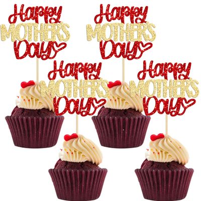 24Pcs Mother's Day Cupcake Topper Happy Mother's Day Cupcake Picks Red Gold Glitter Best Mom Party Cake Decorations Cupcake Toppers Picks for Mother's Birthday Party Supplies