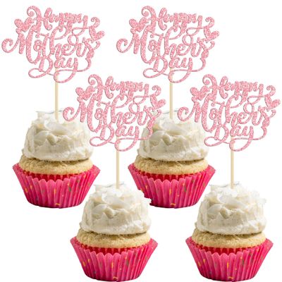 36Pcs Happy Mother's Day Cupcake Topper Happy Mother's Day Cupcake Picks Glitter Heart Best Mom Party Cake Decorations Cupcake Toppers Picks for Mother's Birthday Party Supplies Pink
