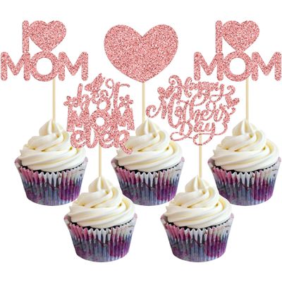 24Pcs Mother's Day Cupcake Toppers Rose Gold Glitter Best Mom Ever Cupcake Picks Heart Love Mom Cake Decorations for Happy Mother's Day Birthday Party Cake Decorations Supplies