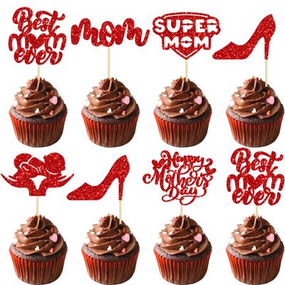 24Pcs Happy Mother's Day Cupcake Toppers Glitter Best Mom Ever Cupcake Picks Super Mom Cake Decorations for Happy Mother's Day Birthday Party Cake Decorations Supplies Red