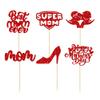 24Pcs Happy Mother's Day Cupcake Toppers Glitter Best Mom Ever Cupcake Picks Super Mom Cake Decorations for Happy Mother's Day Birthday Party Cake Decorations Supplies Red view 3