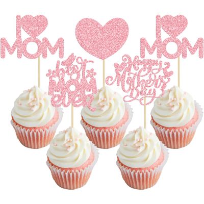 24Pcs Mother's Day Cupcake Toppers Pink Glitter Best Mom Ever Cupcake Picks Heart Love Mom Cake Decorations for Happy Mother's Day Birthday Party Cake Decorations Supplies