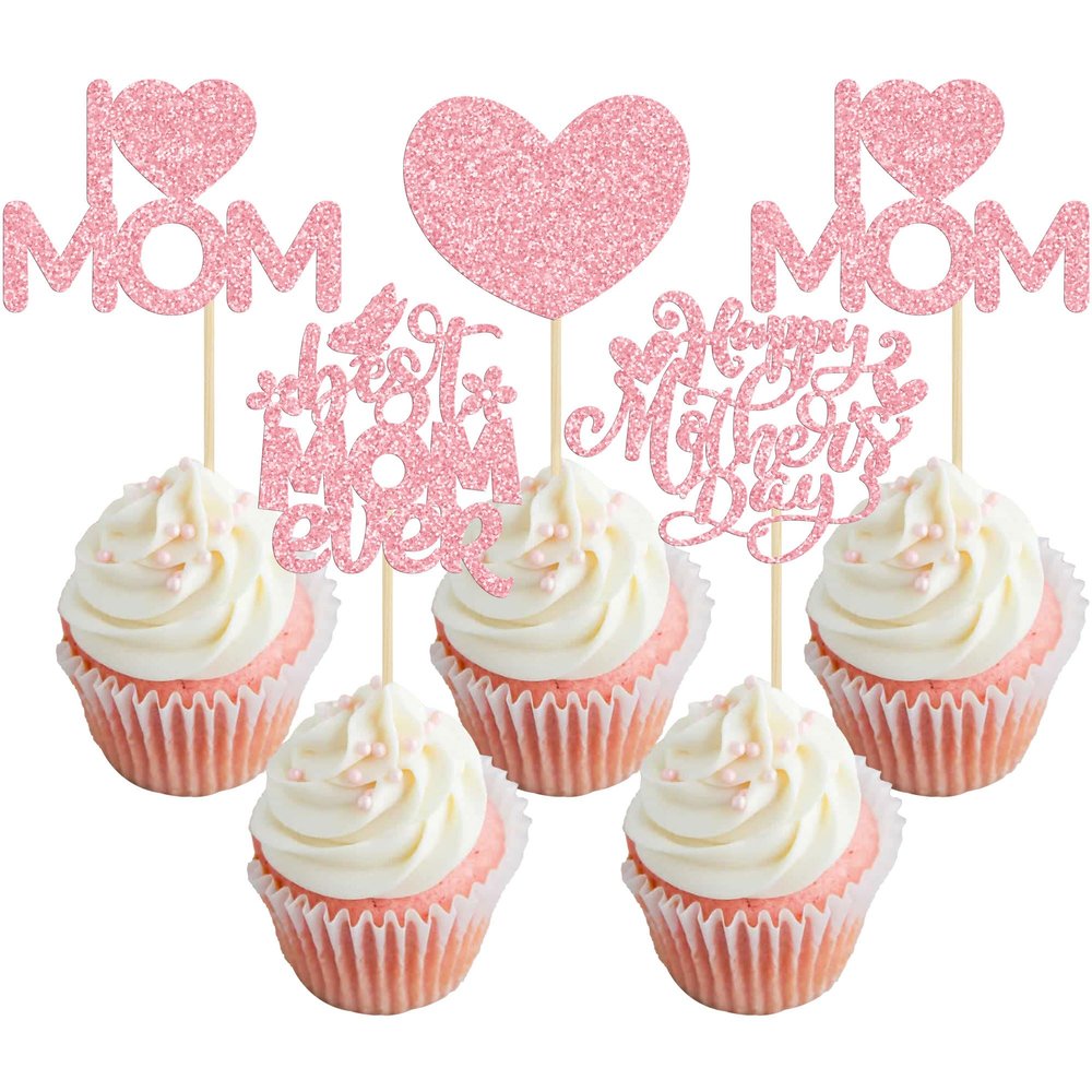 24Pcs Mother's Day Cupcake Toppers Pink Glitter Best Mom Ever Cupcake Picks Heart Love Mom Cake Decorations for Happy Mother's Day Birthday Party Cake Decorations Supplies